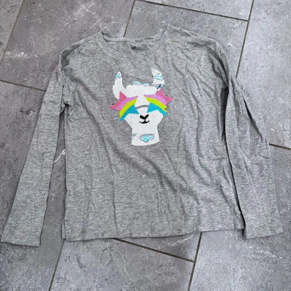 GAP Gray Kids Long Sleeve sequin Unicorn Tee, size L